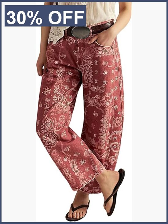Denim - Boyfriend Baggy Barrel Jeans Floral Print Denim Ankle Pants Wide Leg Mid Rise